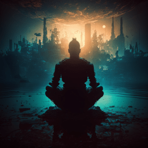 silhouette meditating in chaos